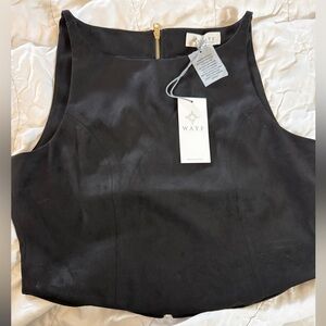 WAYF Faux Suede Black Sleeveless Crop Top High Neck Gold Zip Back M